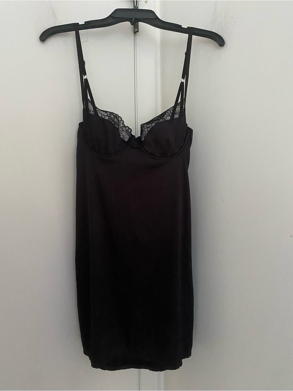 Kat the Label Sienna Black Satin Lace Trim Chemise Slip Dress Underwire Small